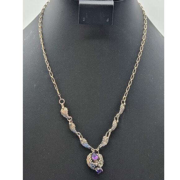 Vintage 925 Sterling Silver Purple Gemstone Leaf Flower Design 20" Necklace - Picture 1 of 15